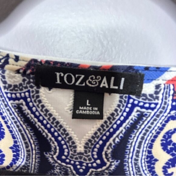 Roz & Ali Short Sleeve Blue Coral White Multi Stretch Blouse Large - Picture 8 of 11